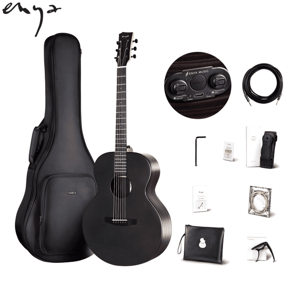 Enya EAX1Pro Transacoustic Solid Top Guitar(BK) with 15mm Padded Bag, Capo, String, Strap, Cable